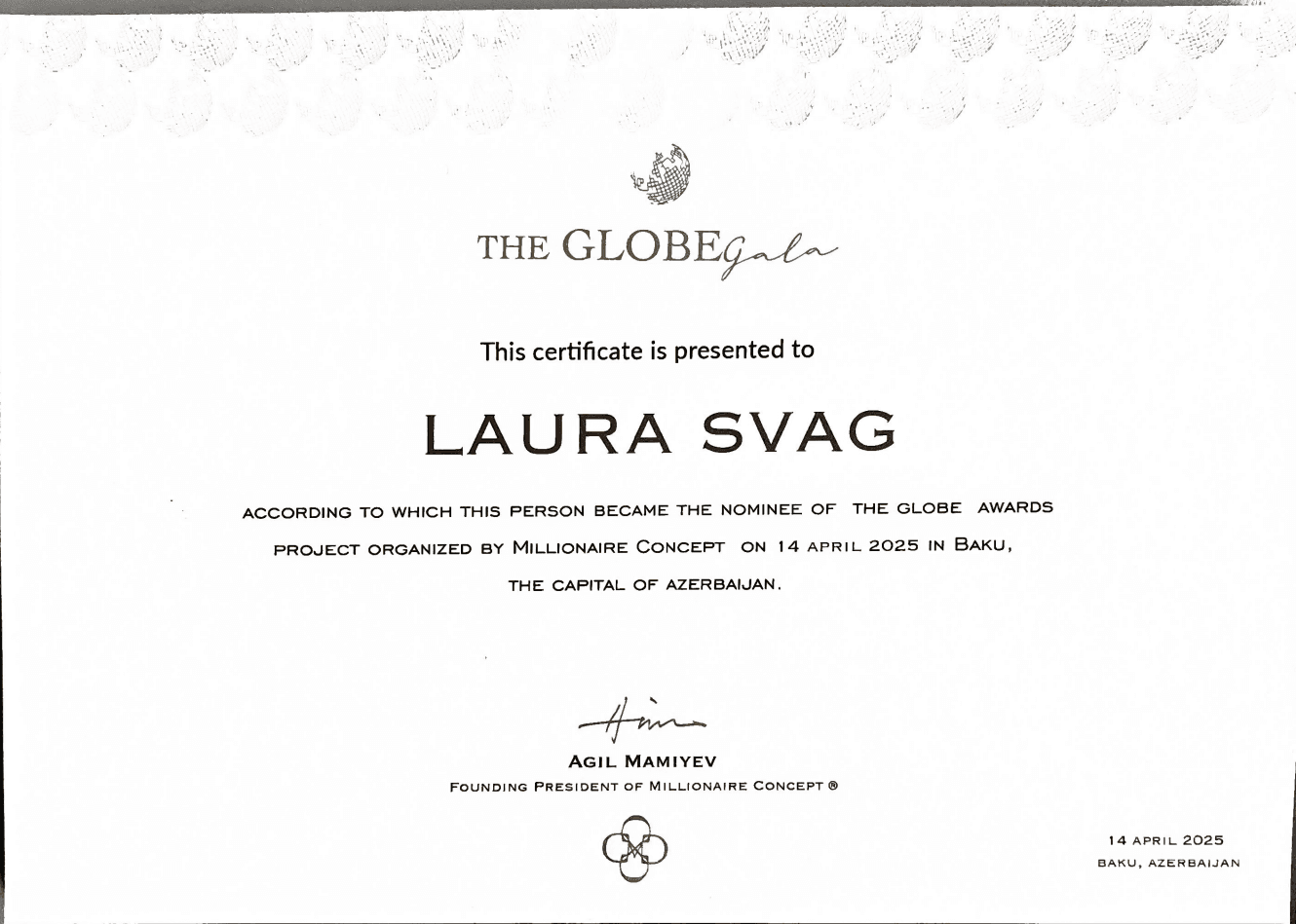 The Globe Gala Certificate